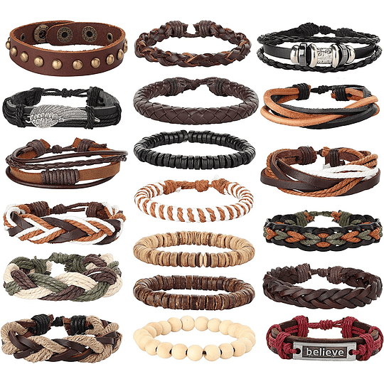 Pulsera de cuero trenzado de 26 piezas para hombres y mujeres, cordones de cáñamo, cuentas de madera, brazaletes ajustables