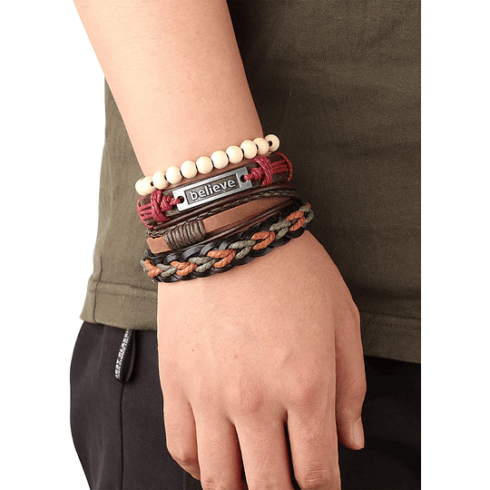 Pulsera de cuero trenzado de 26 piezas para hombres y mujeres, cordones de cáñamo, cuentas de madera, brazaletes ajustables