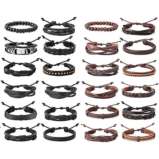 24 Pieces Braided Leather Bracelets for Men Adjustable Black Brown Wood Beaded Wrist Wrap Wristbands, Wood Hemp Leather