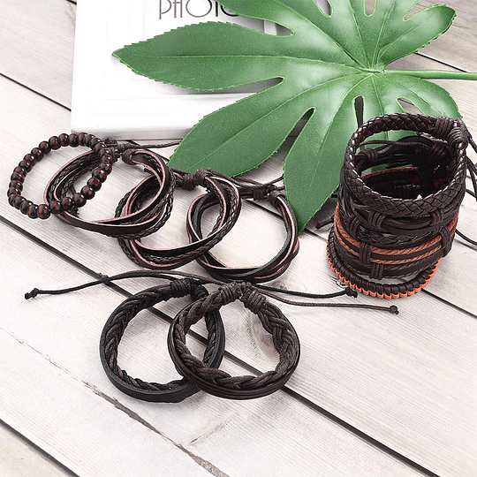 24 Pieces Braided Leather Bracelets for Men Adjustable Black Brown Wood Beaded Wrist Wrap Wristbands, Wood Hemp Leather