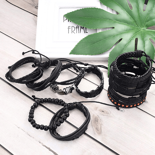 24 Pieces Braided Leather Bracelets for Men Adjustable Black Brown Wood Beaded Wrist Wrap Wristbands, Wood Hemp Leather