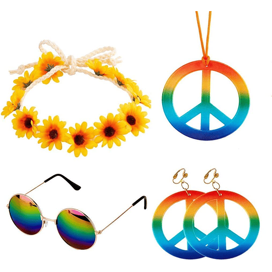 Complementos Hippie Conjunto de 5 peças de disfarces de hippie, inclui óculos de sol, diadema colar de sinal de paz e brincos para festas temáticas dos anos 60 ou 70