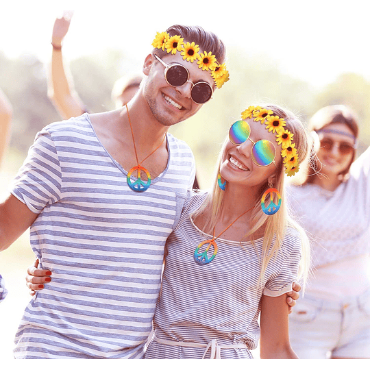 Complementos Hippie Conjunto de 5 peças de disfarces de hippie, inclui óculos de sol, diadema colar de sinal de paz e brincos para festas temáticas dos anos 60 ou 70