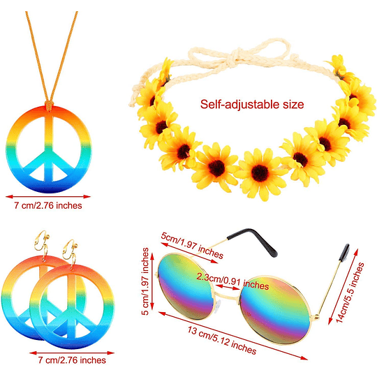 Complementos Hippie Conjunto de 5 peças de disfarces de hippie, inclui óculos de sol, diadema colar de sinal de paz e brincos para festas temáticas dos anos 60 ou 70