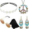 El conjunto de disfraz hippie incluye gafas de sol, diadema, collar con el signo de la paz y aretes (estilo turquesa)