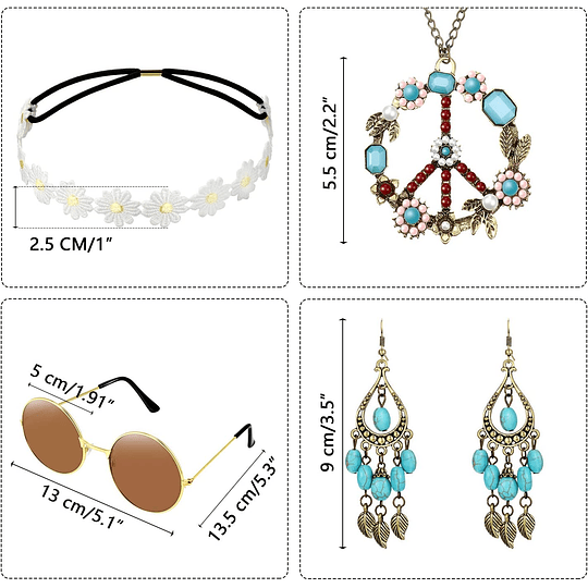 El conjunto de disfraz hippie incluye gafas de sol, diadema, collar con el signo de la paz y aretes (estilo turquesa)