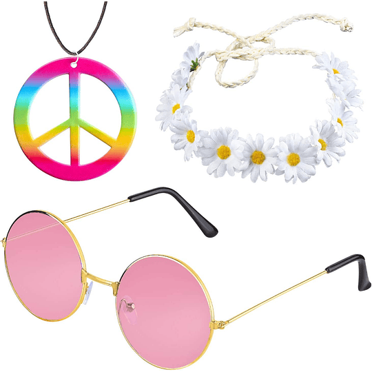Hippie Costume Set - estilo retro dos anos 60 óculos vintage sinal da paz colar coroa de girassol faixa para o cabelo conjunto de acessórios de adereço hippie dos anos 60...