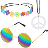 Conjunto de disfraz hippie - Gafas de estilo retro de los años 60 Collar de signo de la paz vintage Diadema de corona de girasol Diadema Conjunto de accesorios de disfraz hippie de los años 60...