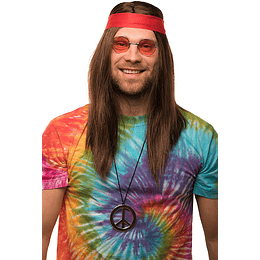 Conjunto Hippie dos anos 70 com peruca + óculos de sol redondos + pendente de paz + diadema vermelha, para mulheres e homens - carnaval