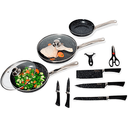 Set of 3 Frying Pans, 2 Knife Covers, Scissors Black Color Stone Oven Suitable