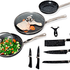 Set of 3 Frying Pans, 2 Knife Covers, Scissors Black Color Stone Oven Suitable