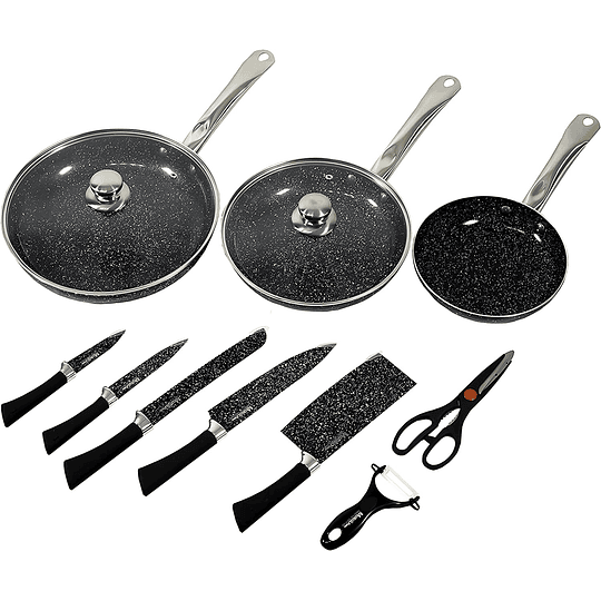 Conjunto de 3 frigideiras, 2 tampas de facas, tesouras de cor preta pedra adequada para forno