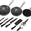 Conjunto de 3 frigideiras, 2 tampas de facas, tesouras de cor preta pedra adequada para forno