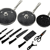 Set of 3 Frying Pans, 2 Knife Covers, Scissors Black Color Stone Oven Suitable