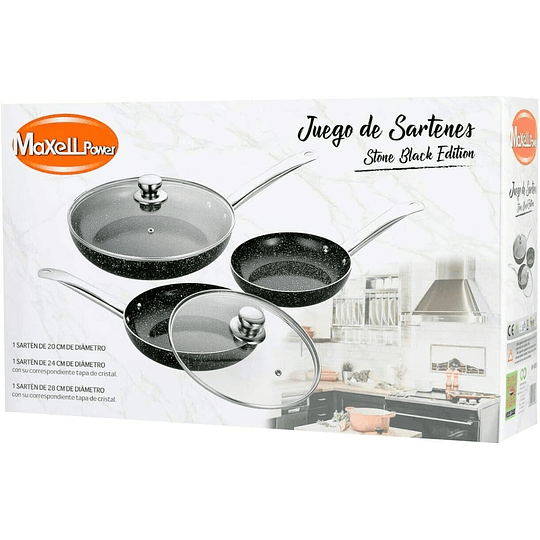 Set de 3 Sartenes, 2 Cubrecuchillos, Tijeras Color Negro Piedra Apto Horno