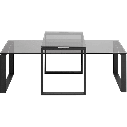 Conjunto de mesas de centro, placa de vidro fumê e base preta de metal