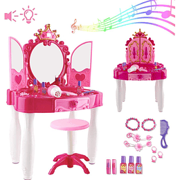 Mesa de lloriqueo infantil centro de belleza tocador de maquillaje con espejo, taburete y accesorios incluidos luces y sonidos