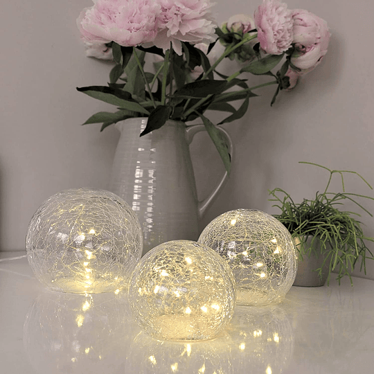 Cristais para mesas, conjunto de 3 bolas de vidro 8, 10, 12 cm, centros decorativos de mesa, luzes decorativas para quarto, candeeiros sem fios, luzes LED pilhas