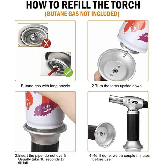 Quemador de cocina, profesional, soplete de butano, recargable, con cierre de seguridad y llama regulable para barbacoa camping Brulée crema (gas no incluido)