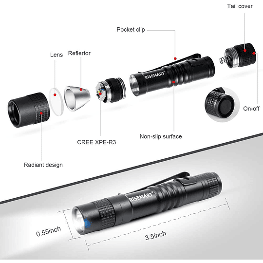 Mini lanterna LED de alumínio, lanterna pequena, 100 lúmens, com chaveiro e clipe, impermeável, adequada para pilhas AAA, para acampar, caçar, pescar e emergência