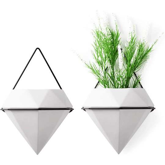 T4U Vaso de parede pendente de cerâmica com moldura pacote de 2 - forma de diamante branco, vasos grandes de parede para flores suculentas áloe plantas decoração de casa