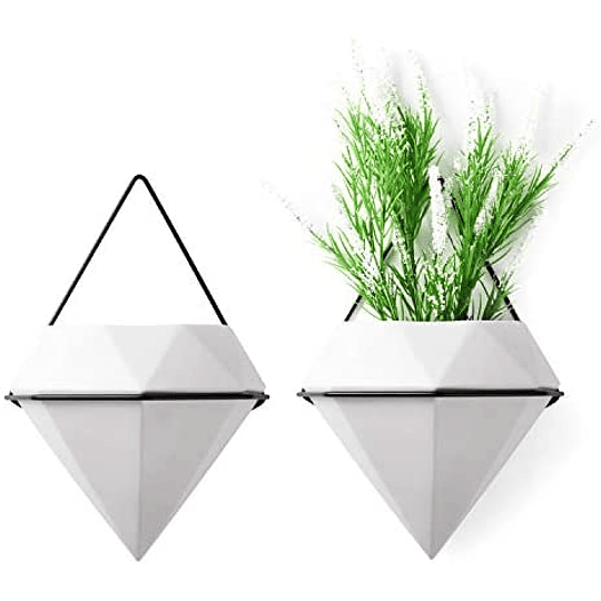 T4U Vaso de parede pendente de cerâmica com moldura pacote de 2 - forma de diamante branco, vasos grandes de parede para flores suculentas áloe plantas decoração de casa