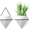 T4U Vaso de parede pendente de cerâmica com moldura pacote de 2 - forma de diamante branco, vasos grandes de parede para flores suculentas áloe plantas decoração de casa