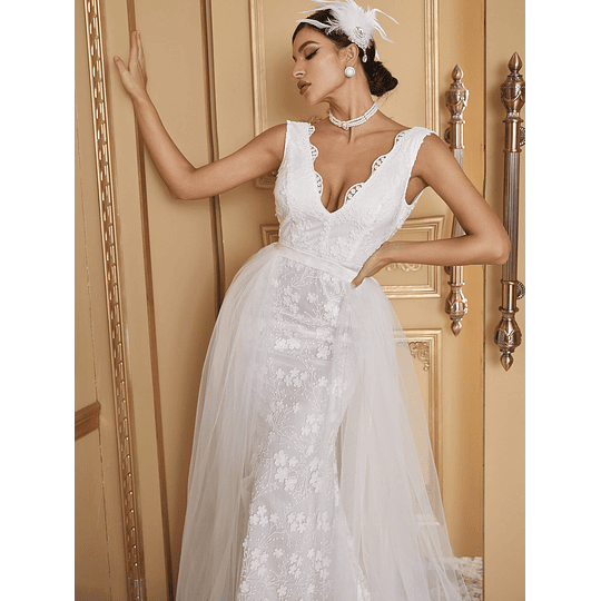 Costas nuas Laço Contraste Malha Contraste Zíper Simples Glamour Vestidos de casamento