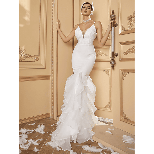 Costas nuas Malha Contraste Plissado Zíper Simples Glamour Vestidos de casamento