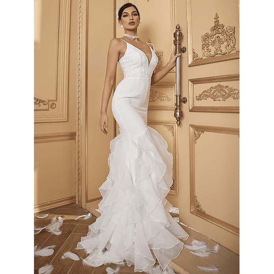 Costas nuas Malha Contraste Plissado Zíper Simples Glamour Vestidos de casamento