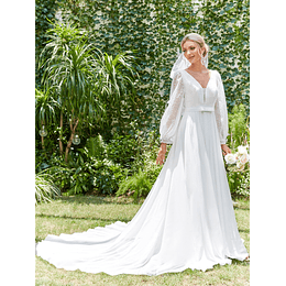 Vestido de casamento Malha de contraste Gola V Manga da lanterna Chiffon Sem véu