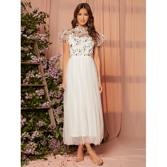 Malha Contraste Bordado Sheer Zíper Floral Glamour Vestidos de casamento