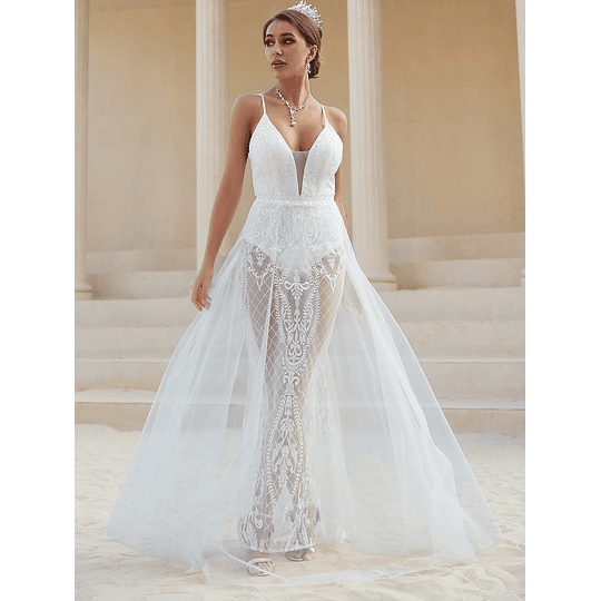 Costas nuas Laço Contraste Bordado Sheer Zíper Simples Glamour Vestidos de casamento