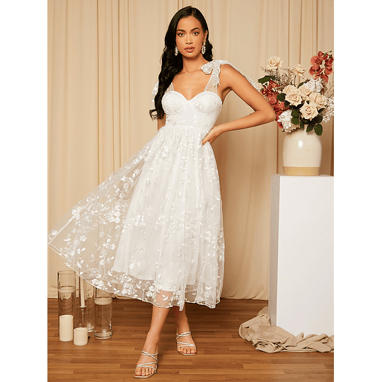 Vestido de casamento Bordado floral Amarrar o ombro Bustiê Schiffy