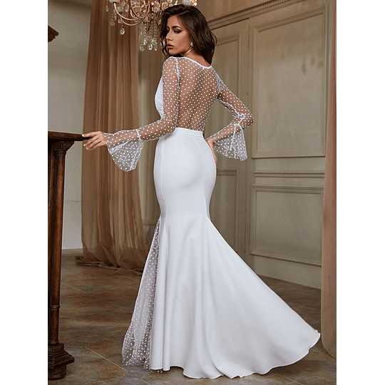 Malha Contraste Plissado Sheer Embrulhar Polka Dot Glamour Vestidos de casamento