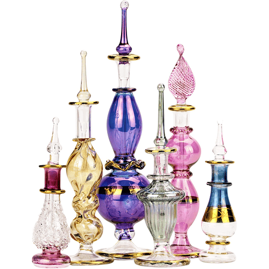 Frascos de perfume egípcias de 5 a 12,7 cm, coleção de 6 unidades, vidro decorativo soprado por boca com decoração egípcia dourada feita à mão para perfumes e óleos essenc...