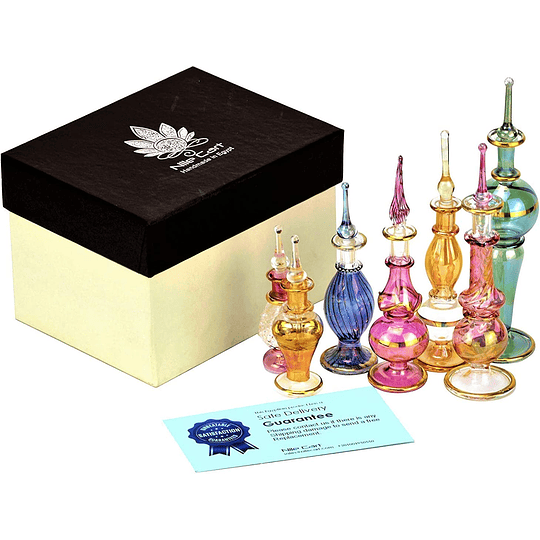 Frascos de perfume egípcias de 5 a 12,7 cm, coleção de 6 unidades, vidro decorativo soprado por boca com decoração egípcia dourada feita à mão para perfumes e óleos essenc...