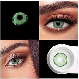 Pacote de lentes de hidrogel macias, 1 par de lentes de contacto cor verde sem graduação. Duração: 12 meses. Com estojo e 10 ml de solução (verde mágico)