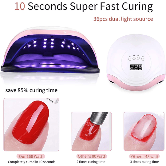 Candeeiro LED para unhas, 168 W, secador de LED/UV, gel curado, máquina 36 LED, ecrã LED, lâmpada UV LED, unhas com 4 temporizador, 10 s, 30 s, 99 s, para manicure pedicure...