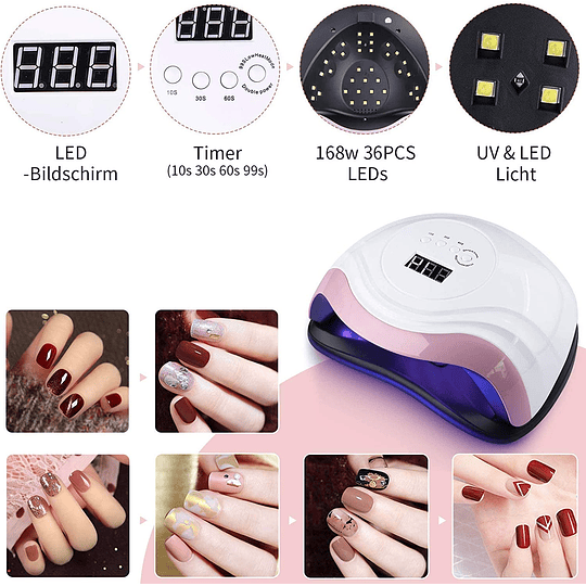 Candeeiro LED para unhas, 168 W, secador de LED/UV, gel curado, máquina 36 LED, ecrã LED, lâmpada UV LED, unhas com 4 temporizador, 10 s, 30 s, 99 s, para manicure pedicure...