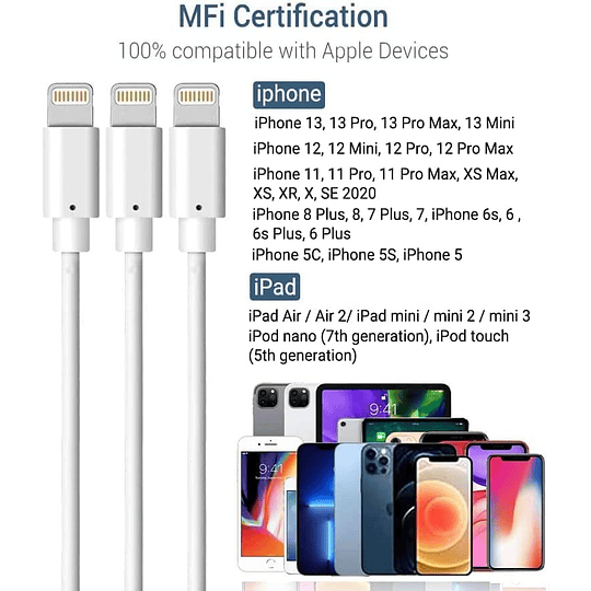 Cabo de carregamento iPhone MFi certificado, 3 pack 1 m, cabo de carregamento rápido para iPhone 13/13 mini/13 Pro Max/12/11 Pro/X/XS/8/7/6/5E/SE/SE/iPad - Branco