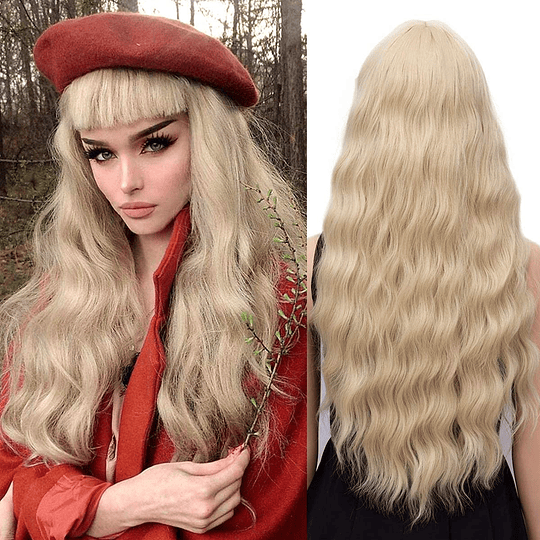 Peruca longa loura ondulada ondas naturais loiro com franja perucas para mulher 71 cm