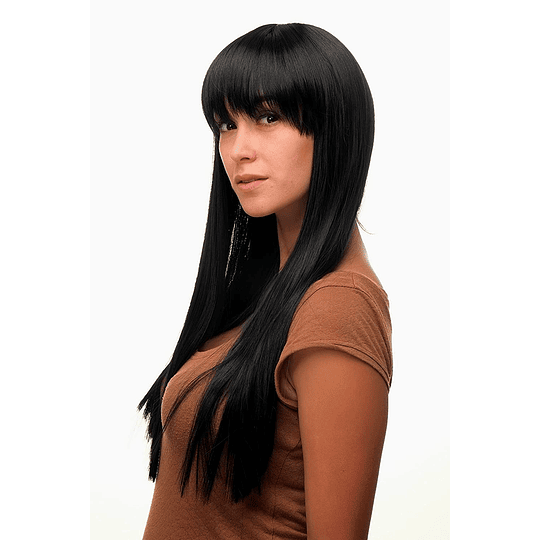 Elegante e moderna peruca preta escura com franja recta 60cm