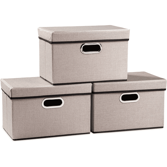 Recipientes de armazenamento dobráveis grandes com tampas [embalagem de 5] recipientes de armazenamento dobráveis de tecido de linho (45 x 30 x 30 cm)
