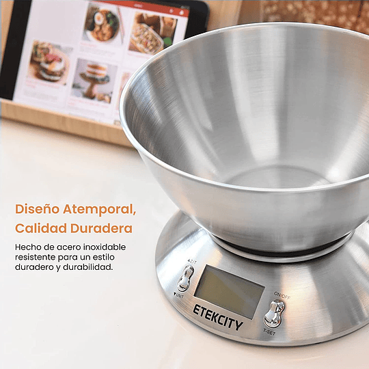 Balança digital para cozinha com tigela removível, 5 kg/11 lbs, balança de cozinha em aço inoxidável, temporizador e sensor de temperatura, ecrã LCD, EK4150
