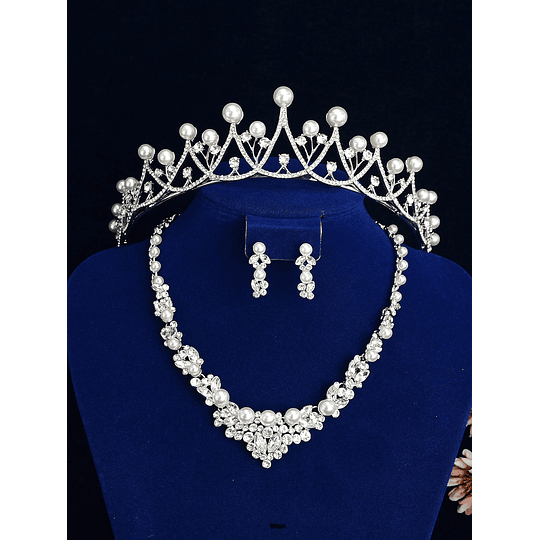 Decoração com cristais e pérolas artificiais Tiara de noiva 3peças Conjunto de joias