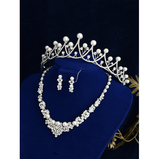 Decoração com cristais e pérolas artificiais Tiara de noiva 3peças Conjunto de joias