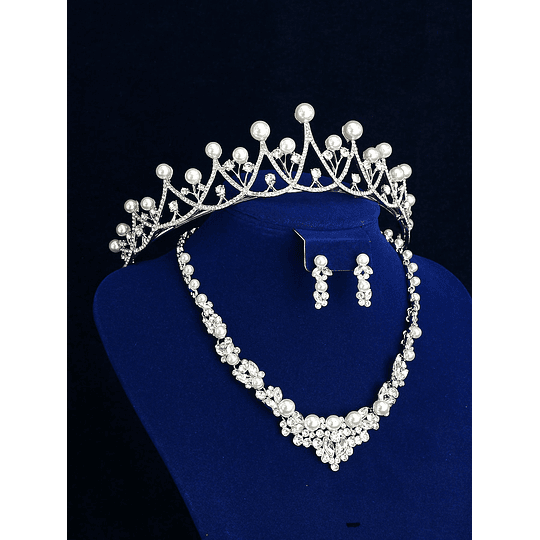 Decoração com cristais e pérolas artificiais Tiara de noiva 3peças Conjunto de joias