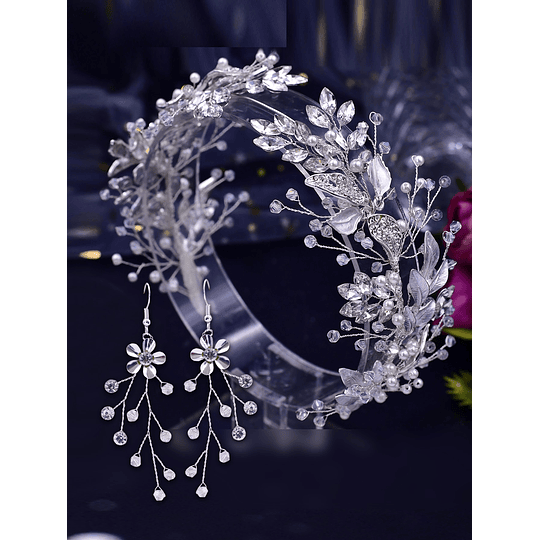 ﻿Conjunto de Joias Para Noiva Tiara + Brincos Cristais Decoração de flores 3peças