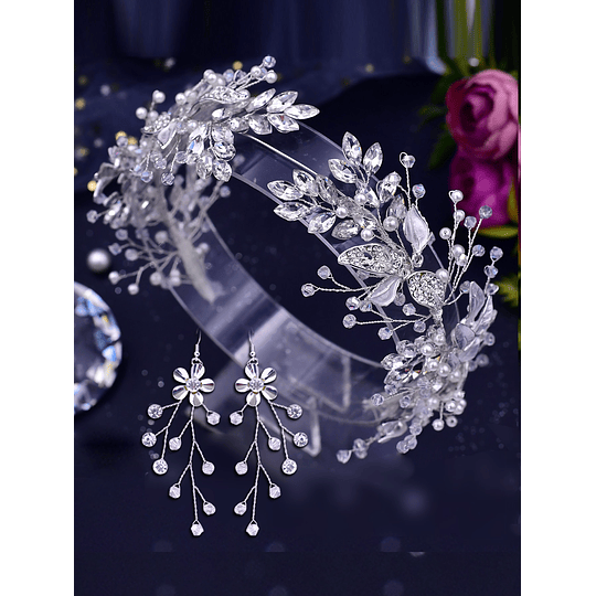 ﻿Conjunto de Joias Para Noiva Tiara + Brincos Cristais Decoração de flores 3peças
